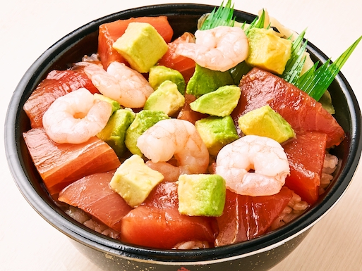 52.漬けまぐろアボカドボイルエビ丼(Pickled tuna avocado boiled shrimp bowl )